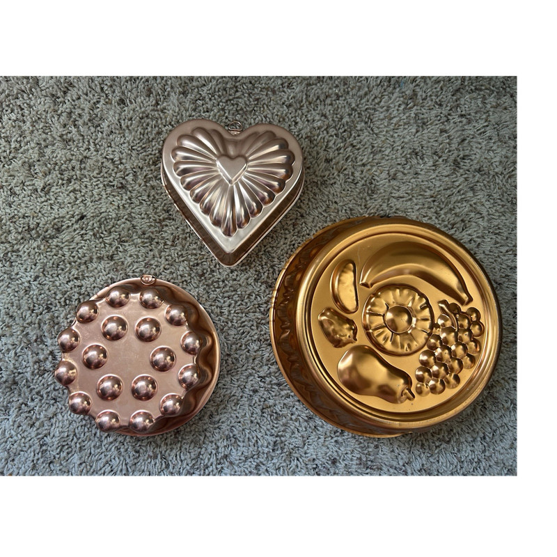 Set of 3 Copper Gold Metal Jello Molds Heart Round Reusable Food Decor