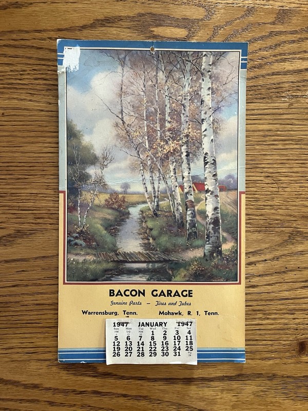 Warrensburg, TN Bacon’s Garage 1937 Calendar Genuine Parts, Tires & Tubes