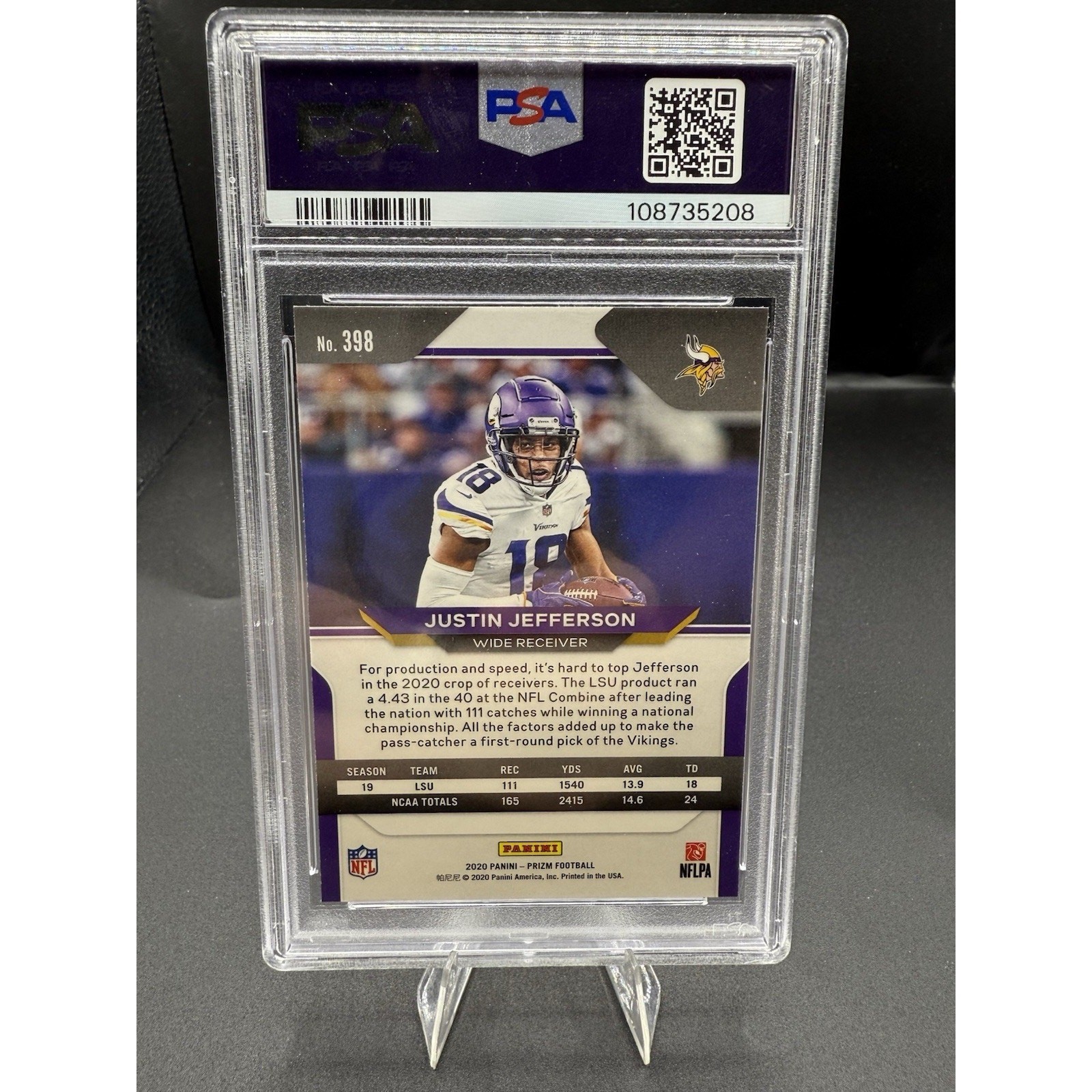 Panini 2020 Prizm Justin Jefferson Rookie Base #398 Minnesota Vikings PSA 10 view 2