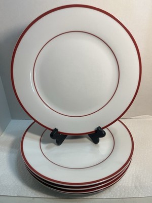 5 HOME White Dinner Plates 10 ¾'' Red Rings Very Nice 3472