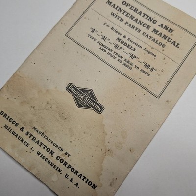 Vtg Briggs & Stratton Models A AL ALP AP AR-6 Engine Manual & Parts Catalog