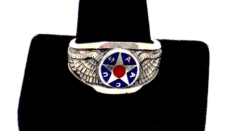 WWII MOODY BROS L.A. WINGED ENAMELED STERLING SILVER US.ARMY AIR CORPS RING,12.5