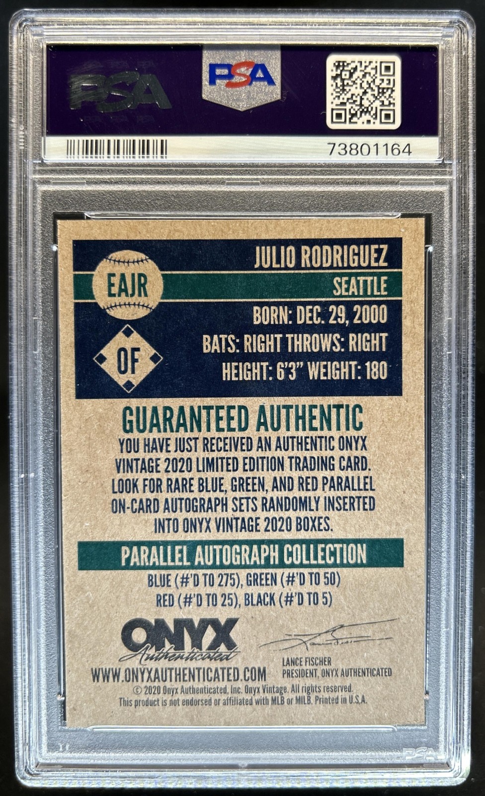 2020 Onyx Vintage Extended Julio Rodriguez Auto Blue #EAJR Mariners PSA 10 view 2