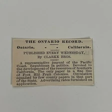 The Ontario Record Journal Clarke Bros Ontario CA 1890 Newspaper Ad SAI9-S24
