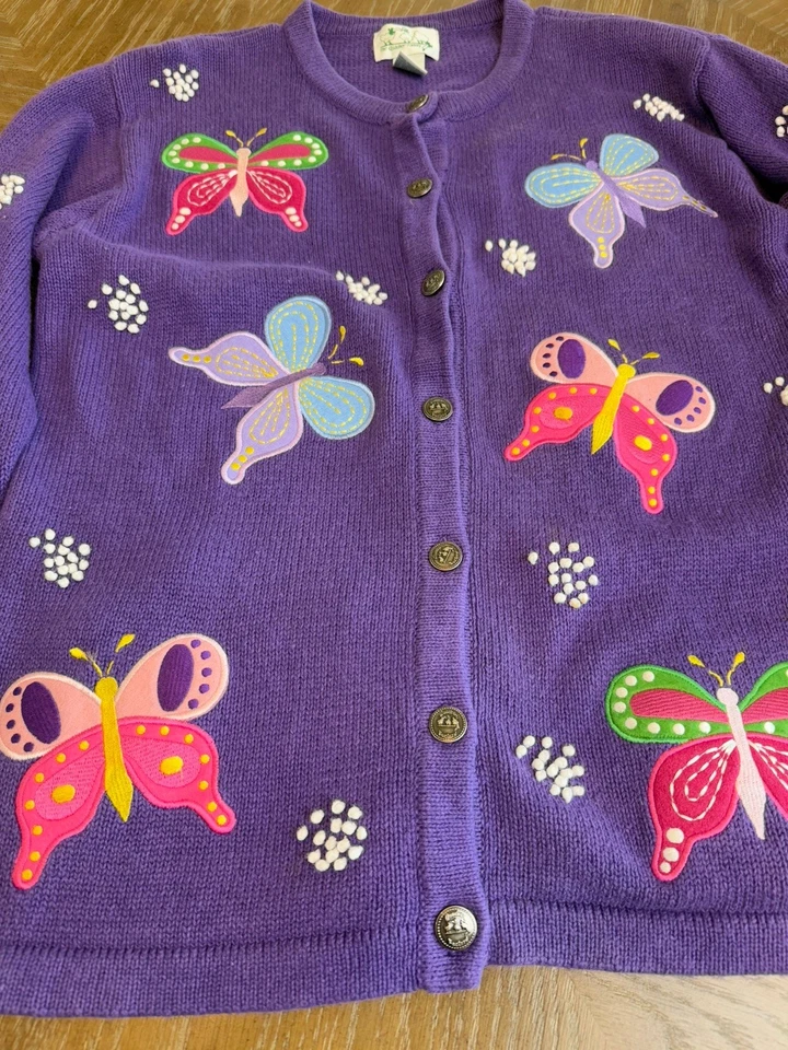 Quacker Factory Purple Butterfly Cardigan Sweater Embellished Button Front - Image 2 of 4