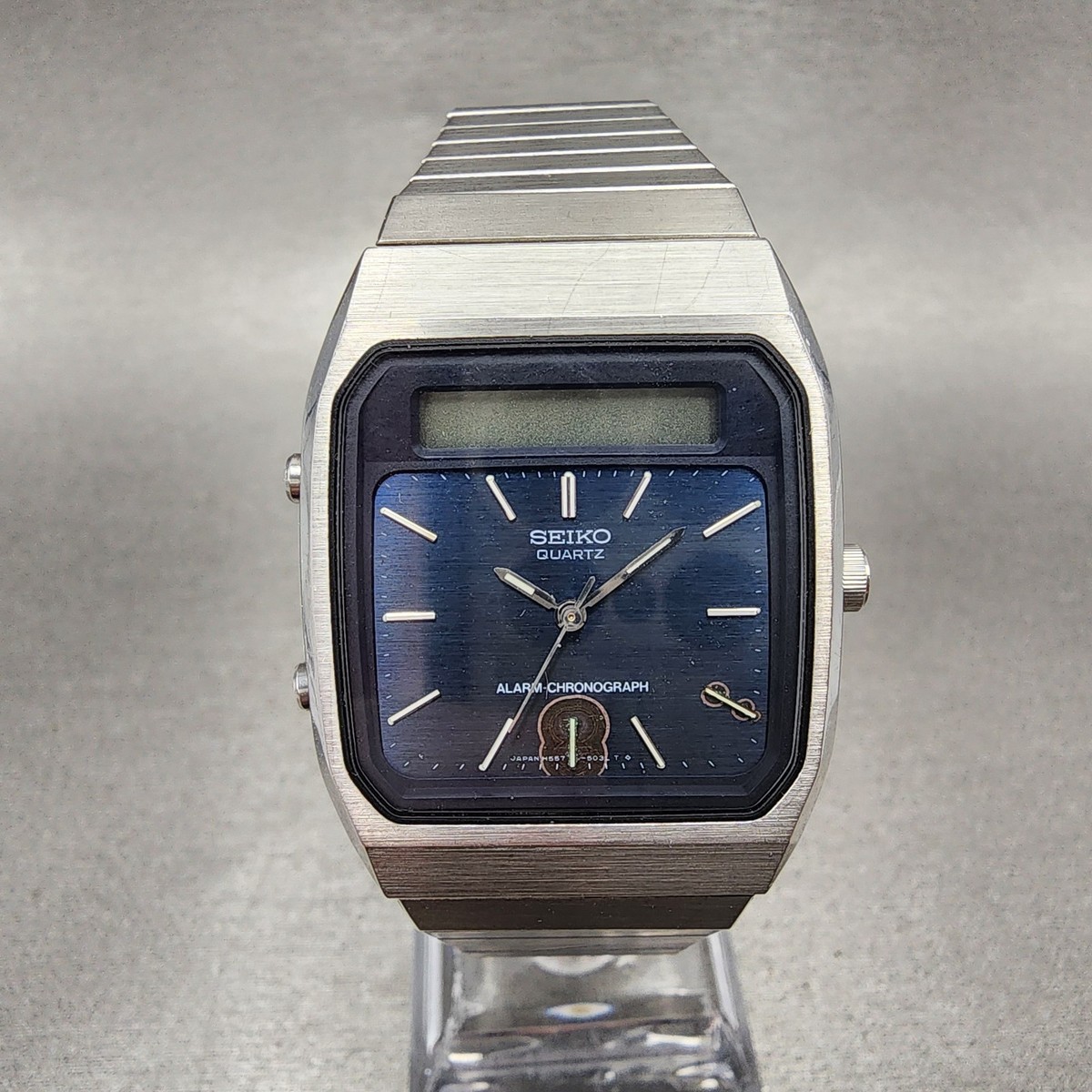 Seiko Analog Digital Watch Men 31mm Blue Dial Steel Alarm Chrono