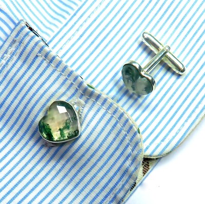 Moss Agate Heart Shape Checker Cut 925 Sterling Silver Cufflinks For Men Gift