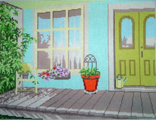 Green Door House Porch Window Hand Painted Needlepoint Canvas WKK