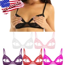 Womans Lace Floral Mesh Nipple Split Hollow Out Bra Push Up Wireless Bralette