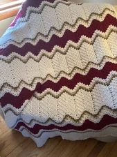 NEW HANDMADE crocheted afghan blanket throw Approx 60x41soft white Burgundy Tan