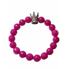 Pink Stone Princess Stretch Bracelet Silver Tone Rhinestone Crown Girls