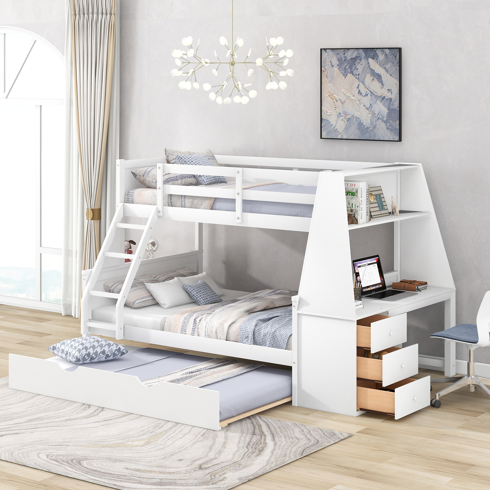 Twin/Full Bunk Bed with Trundle, Desk, Storage Drawers, and Shelf 316AAK