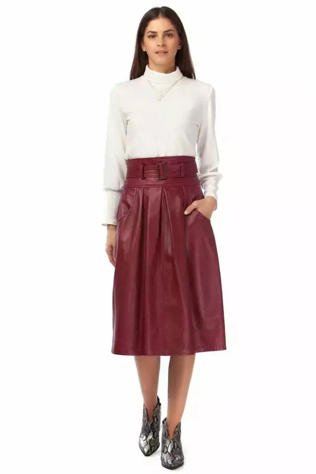 Falda de diseñador de cuero de cordero real borgoña con cinturón bolsillo informal fiesta Foto 2 de 4