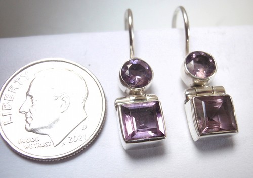 Faceted Amethyst 925 Sterling Silver Circle Square Wire Back Earrings - Picture 2 of 3