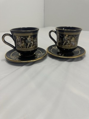 Hand Made in GREECE in 24 K Gold TEA CUP & SAUCER Greek Mythology Gold Black