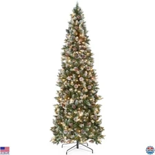 Best Choice 6ft Pre-lit Flocked Slim Christmas Tree, 250 Lights, 50 Pine Cones