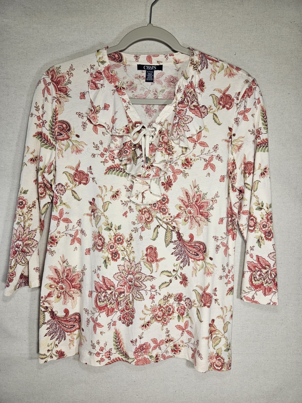 Chaps Top Ruffle String Yoke Women's XL Ivory Pink Floral Soft Cotton Knit