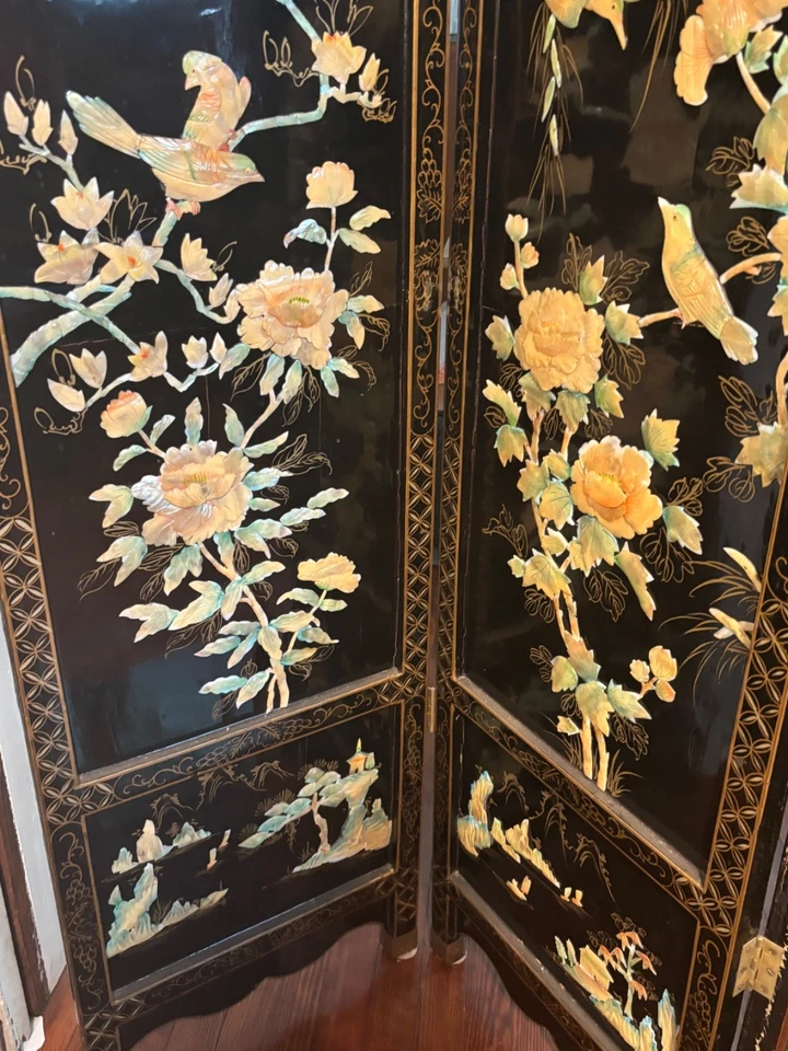 Antiguo/Vintage Asiático Oriental 4 Paneles Pantalla Divisor de Habitación 70" Largo 72" Alto Foto 3 de 4