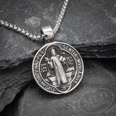 Saint St Benedict Medal Pendant Necklace   Stainless Steel Protection 24  Chain