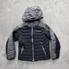 Columbia Jacket Youth 6 Black Gray Hooded Puffer Omni-Heat Insulated Full Zip
