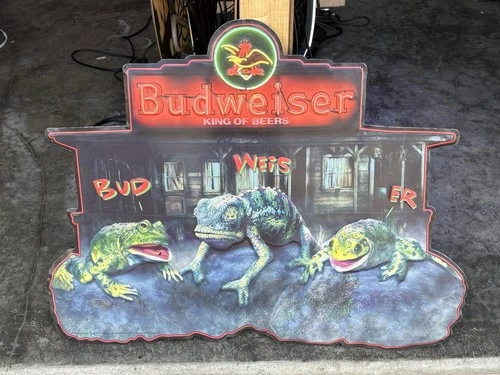 VINTAGE BUDWEISER METAL TIN BEER SIGN LOT 32" x 25" FROG LIZARD BUD WEIS ER 90s