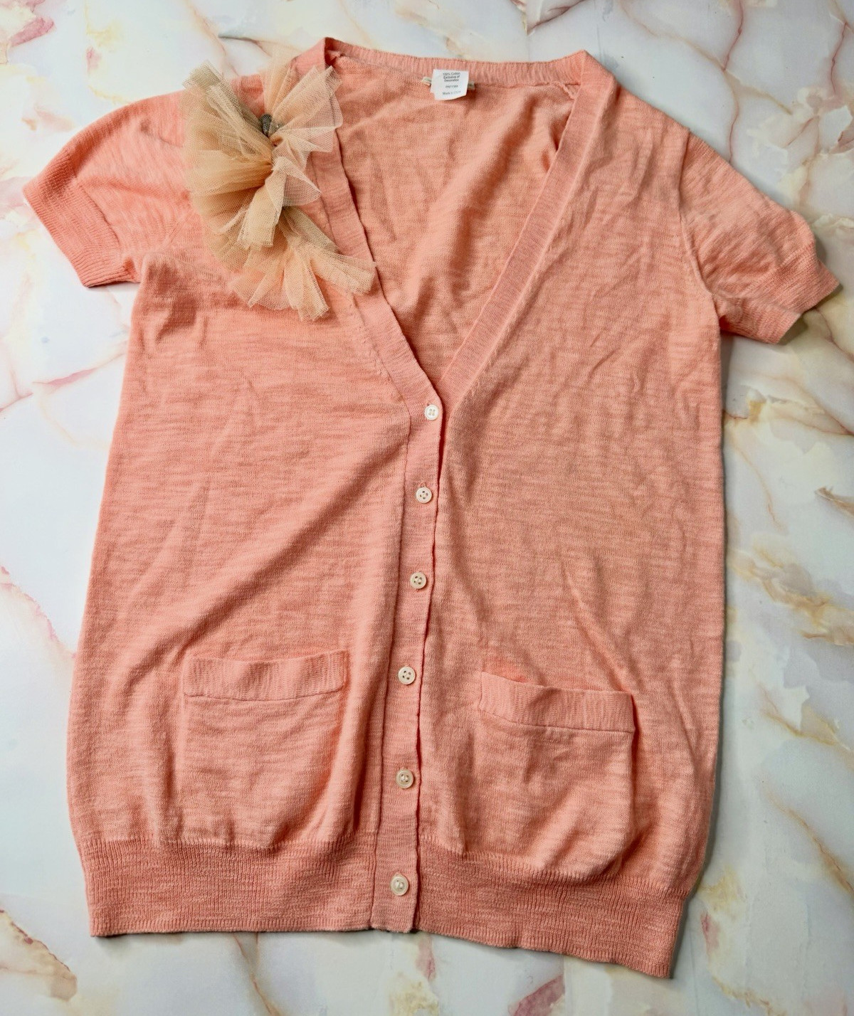 Crewcuts Youth Pink Solid Cotton Knit V-Neck Button Front Short Sleeve Cardigan
