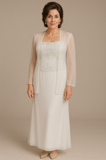 Mon Cheri Montage sz 8 Two Piece Gown  Silk Jacket Ivory 650 MOB Embroidered