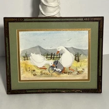 Vintage Watercolor Painting White Goose Geese Bucket Country Barbara Sheldon