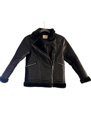 Zara Kids Black Faux Leather Jacket   Size 10   Faux Fur Lined
