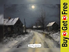 Enigmatic Traditional Winter Night Oil Painting Print 10"x8" on Matte Paper