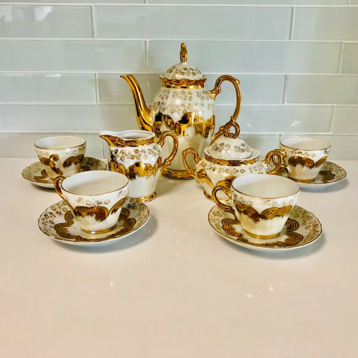 STERLING CHINA TEA SET OPALESCENT GOLD COLORED ACCENTS