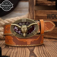 Mens Fashion Leather Belt Buckle Vintage High Quality Western Bull Strap Brown