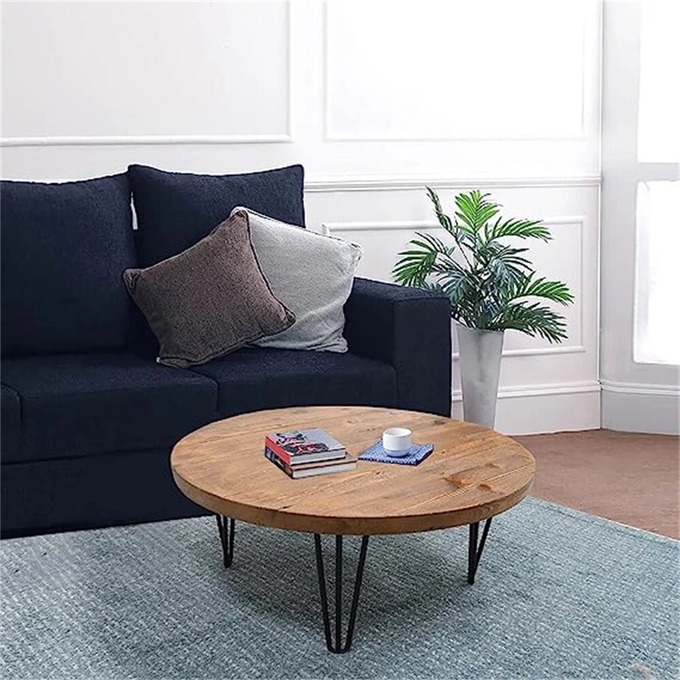 Mesa de centro redonda de madera maciza recuperada 27"x27"x15"H mesas de sofá de madera rústica Foto 4 de 4