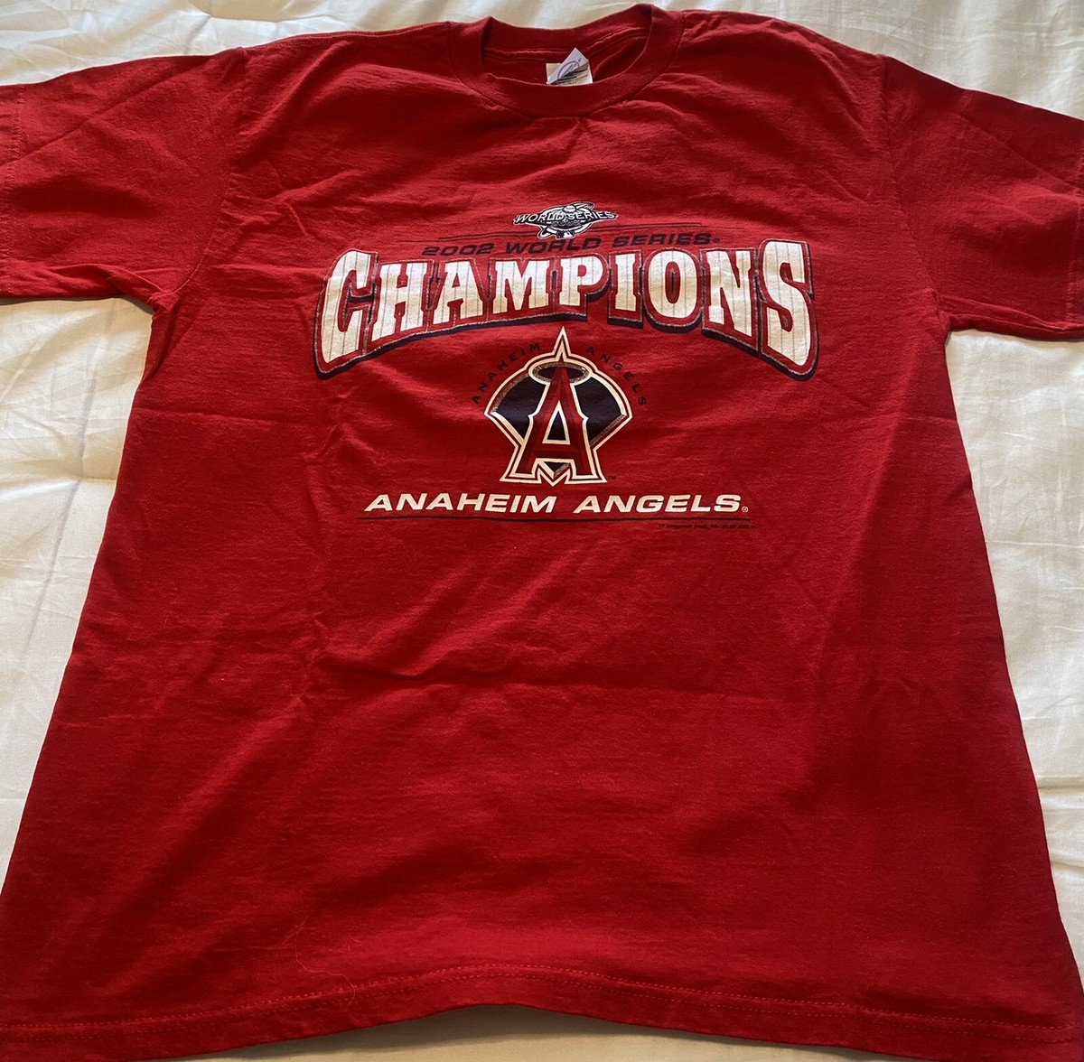 Champion × ANAHEIM ANGELS MLB公式Tシャツ（L)灰色 2002 Anaheim Angels WS World Series Champion Adult T-Shirt M