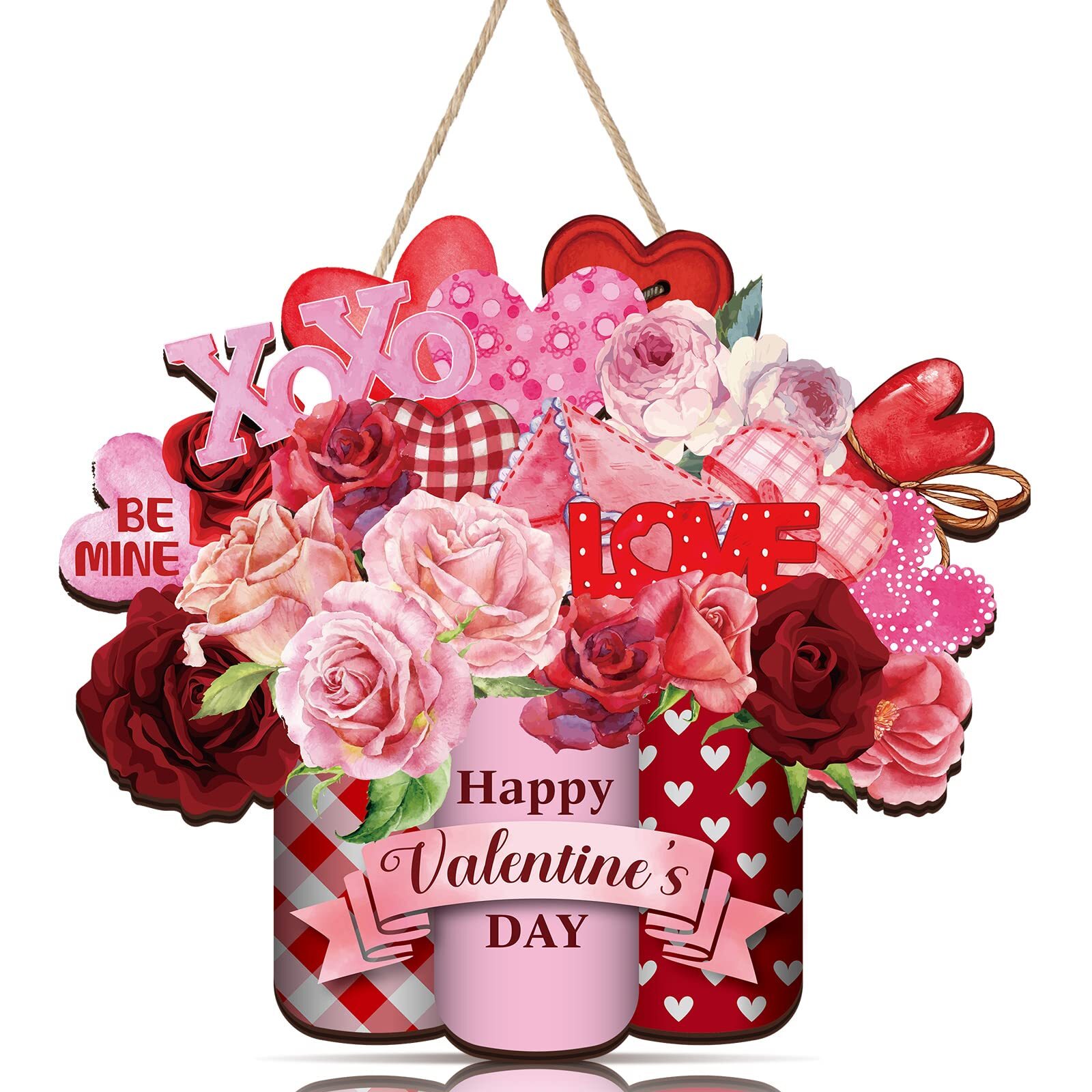 Happy Valentine's Day Door Sign Wooden Valentines Door Decoration Love Rose H...