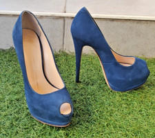 Giuseppe Zanotti Blue Suede Leather Open Toe Pumps Heels Size EU 36 US 5.5