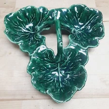 Green Leaf Tri-Section Ceramic Divided Candy Nut Dish With Stem Handle
