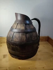 Gonnet France Signed Large Old Wooden Wine Jug Metal Clad & Handle 12” Dia x 16”