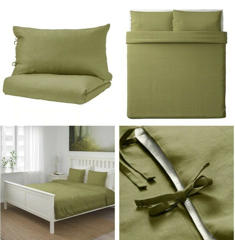 IKEA PUDERVIVA Olive Green Duvet Cover w/ Pillowcases 100 Linen Full