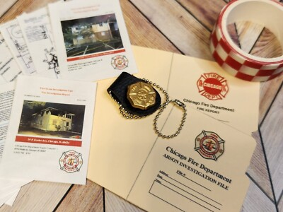 #ad 1 6 SCALE Dollhouse MINI Chicago FIRE Arson Badge Folders Caution Tape Docs $10.99