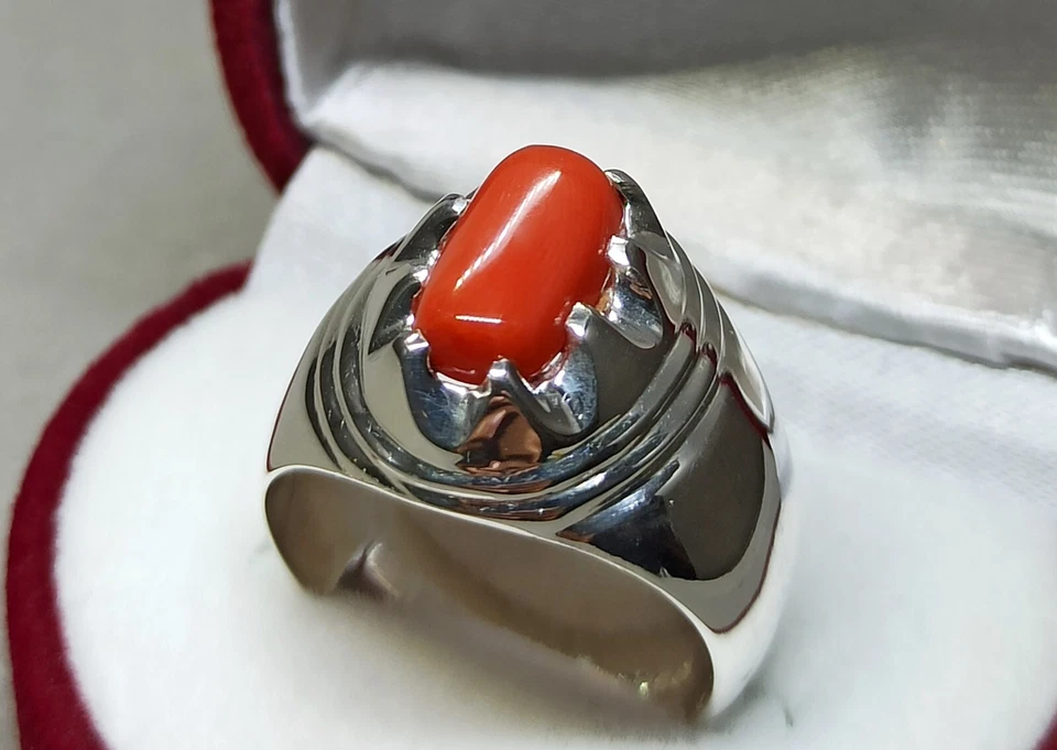 Natural Unheated Turquoise/ Coral Sterling Silver 925 Handmade Mens Star Ring - Image 2 of 2