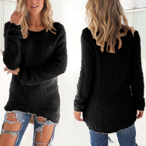 Womens Winter Warm Sweater Fluffy Plain Jumper Ladies Casual Long Pullover Tops - Picture 9 of 17