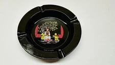Vintage Black Asian Motif Round Tin Ashtray 5 3/8" Diameter