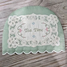 Vintage Tea Cozy Embroidered White Lace Green Fabric "Tea Time" 2003 For Tea Pot