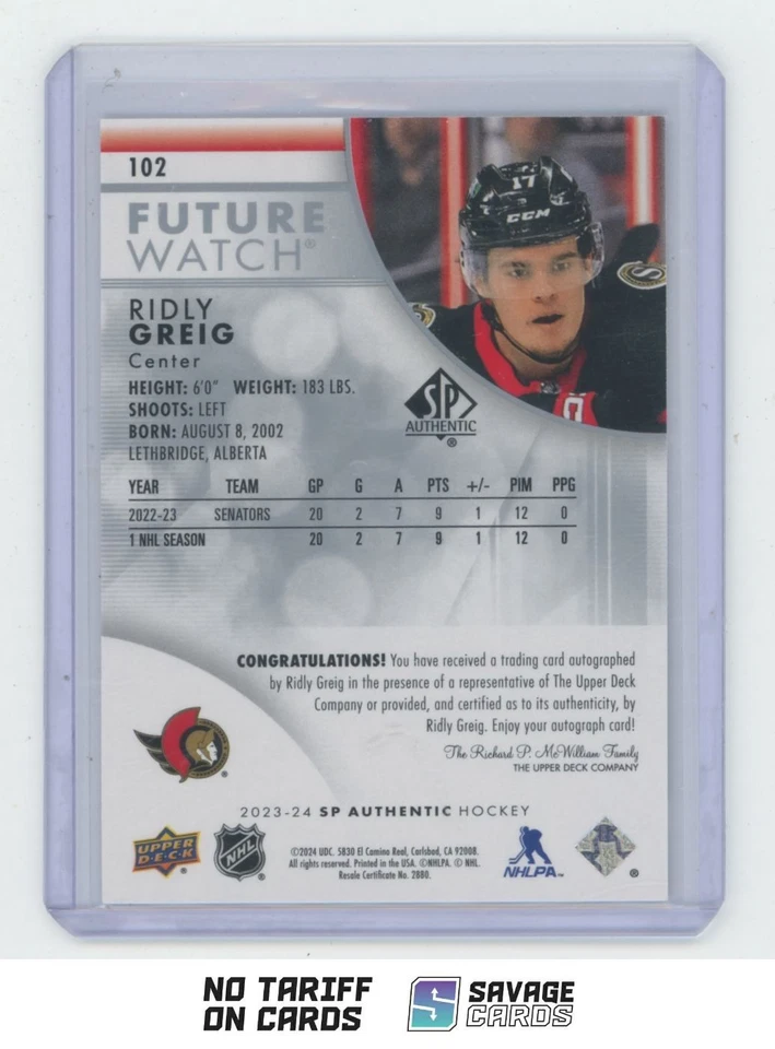 2023-24 SP Authentic Future Watch Auto Ridly Greig /999 . #102 Ottawa Senators - Image 2 of 3