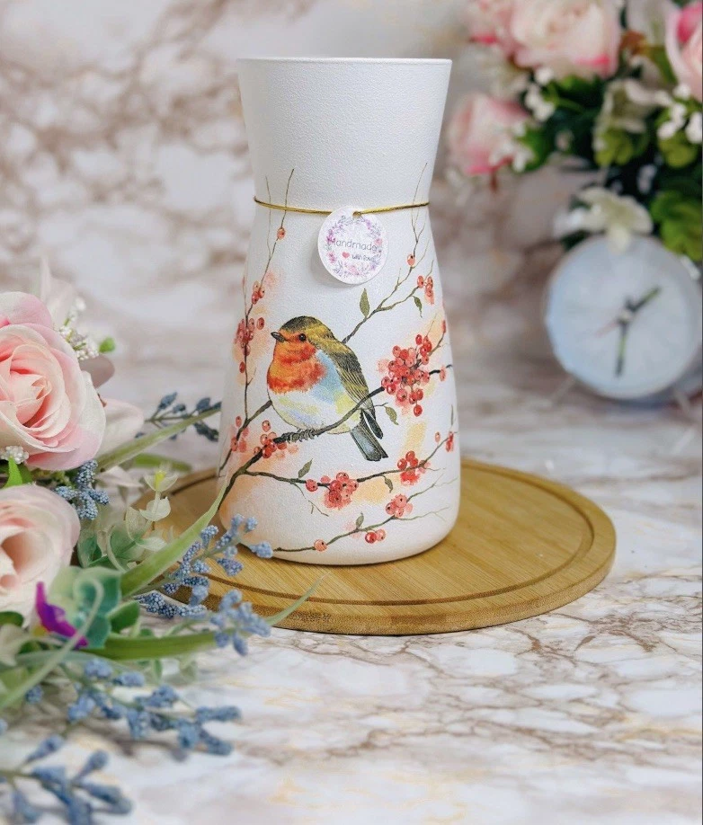 Robin Vase Home Decor Home Gift Glass Vases Glass Flower Vase Decoupaged Vase.