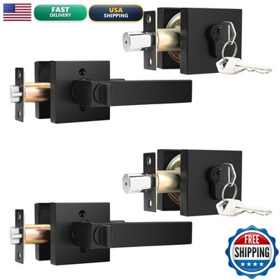 KNOBWELL 2 Pack Matte Black Door Handles Deadbolt Exterior Handlesets, Modern
