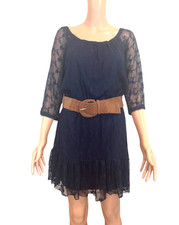 Urban Hearts Navy Lace Dress Sheer Sleeves Ruffle Hem Belted Boho Size L