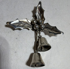 Early Damaso Gallegos Mexico 925 Silver Christmas Holly Jingle Bell Pin Brooch