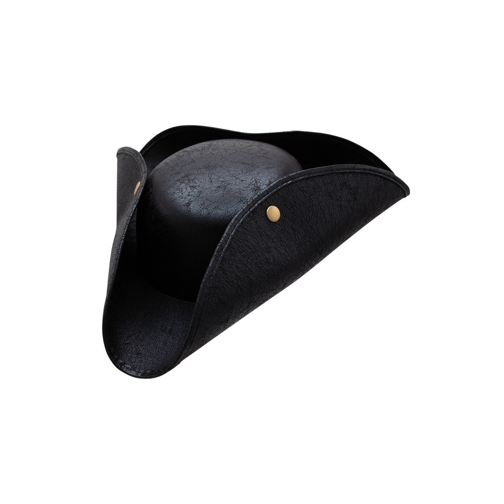 Black Pirate Hat Tricorn Distressed Faux Leather Buccaneer Fancy Dress